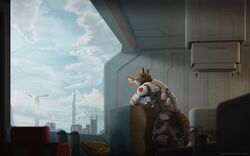  16:10 2020 anthro brown_body brown_fur building canid canine canis city clothed clothing cloud detailed_background fully_clothed fur hi_res inside ipoke light lighting male mammal sky solo widescreen window wolf 