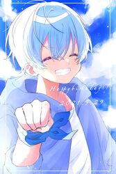  1boy bandana birthday blue_hair closed_eyes cloud cloudy_sky colon_(stpri) facing_viewer fist_bump happy_birthday highres hood hoodie hosizora_(sparetime) male_focus protected_link shirt short_hair sky smile solo strawberry_prince utaite white_shirt 