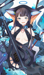  bad_id bad_pixiv_id bare_shoulders black_dress black_gloves black_headwear blue_eyes blunt_bangs blush breasts center_opening chiho_(pixiv10578873) dress elbow_gloves fate/grand_order fate_(series) female flute gloves hair_ornament halo highres instrument leaf_hair_ornament long_hair looking_at_viewer medium_breasts open_mouth pipa_(instrument) purple_hair smile very_long_hair white_background yang_guifei_(fate) yang_guifei_(third_ascension)_(fate) 