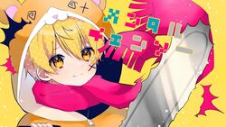  1boy animal_ears animal_hood blonde_hair chainsaw fake_animal_ears highres hood hood_up hoodie hosizora_(sparetime) looking_at_viewer male_focus protected_link root_(stpri) short_hair smile solo strawberry_prince utaite yellow_background yellow_eyes 