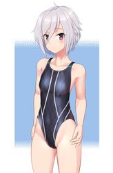  absurdres ahoge black_one-piece_swimsuit blue_background breasts commentary_request competition_swimsuit cowboy_shot female grey_hair hair_between_eyes highres itomi_sayaka one-piece_swimsuit purple_eyes short_hair small_breasts solo standing swimsuit takafumi toji_no_miko two-tone_background two-tone_swimsuit variant_set yagasuri 