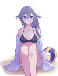  ball beach bikini black_bikini black_hair blue_eyes breasts cleavage closed_mouth female fu_hua highres honkai_(series) honkai_impact_3rd jacket long_hair long_sleeves looking_at_viewer on_floor open_clothes open_jacket outdoors simple_background sitting solo swimsuit volleyball volleyball_(object) white_background white_jacket yikuaiguapi46577 