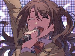  arm_up blazer bow bowtie brown_hair brown_jacket close-up closed_eyes commentary female hand_up happy_tears highres holding holding_microphone idol idolmaster idolmaster_cinderella_girls jacket light_blush long_hair long_sleeves microphone music niyororinpayamaru open_mouth red_bow red_bowtie s(mile)ing!_(idolmaster) school_uniform shimamura_uzuki shirt side_ponytail singing smile solo sweat tears teeth upper_teeth_only white_shirt wing_collar 