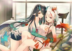  2girls :d arknights ass bare_arms bare_legs bare_shoulders bead_bracelet beads black_hair bracelet braid breasts china_dress chinese_clothes chinese_commentary colored_skin commentary_request dress dusk_(arknights) gradient_skin green_skin hair_over_one_eye highres horns jewelry jiusan_naitang looking_at_viewer medium_breasts multicolored_hair multiple_girls nian_(arknights) nian_(unfettered_freedom)_(arknights) official_alternate_costume open_mouth parted_lips pointy_ears red_hair red_skin siblings sisters sleeveless sleeveless_dress smile streaked_hair tail thighs white_dress white_hair yuri 