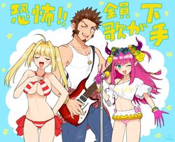  1boy 2girls alternate_costume alternate_hairstyle bad_id bad_twitter_id blonde_hair blue_eyes blush brown_hair closed_eyes collarbone denim electric_guitar elizabeth_bathory_(fate) elizabeth_bathory_(fate/extra_ccc) facial_hair fate/extra fate/extra_ccc fate/grand_order fate_(series) glasses goatee guitar hair_ornament instrument jeans jewelry long_sideburns looking_at_viewer microphone miniskirt multiple_girls muscular muscular_male music napoleon_bonaparte_(fate) navel nero_claudius_(fate) nero_claudius_(swimsuit_caster)_(fate) one_eye_closed open_clothes open_mouth pants pectorals revealing_clothes scar shitappa short_hair sideburns singing skirt sling_bikini_top smile swimsuit tank_top translated twintails white_tank_top 