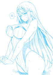  absurdres anger_vein blue_theme blush breasts choker cleavage closed_mouth commentary_request earrings female gloves headpiece highres jewelry large_breasts long_hair looking_at_viewer monochrome mythra_(xenoblade) simple_background solo spoken_anger_vein sweat tiara whoosaku xenoblade_chronicles_(series) xenoblade_chronicles_2 