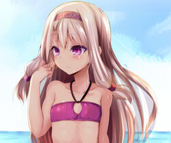  bandeau bare_shoulders beach blonde_hair blue_sky blush breasts collarbone day fate/grand_order fate_(series) female hair_between_eyes hairband illyasviel_von_einzbern long_hair official_alternate_costume outdoors photoshop_(medium) purple_eyes purple_hairband sen_(astronomy) sidelocks sitonai_(fate) sky small_breasts smile 