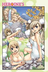  3girls :d blonde_hair blue_bow blue_eyes bow breasts brown_eyes cleavage collarbone day eden&#039;s_zero elie_(rave) fairy_tail frog grey_hair grin hair_between_eyes hairbow highres large_breasts long_hair looking_at_viewer lucy_heartfilia mashima_hiro mountain multiple_girls naked_towel official_art onsen open_mouth outdoors partially_submerged plue rave rebecca_bluegarden same-sex_bathing shared_bathing short_hair shoulder_blades side_ponytail sideboob sitting smile steam stone_lantern towel twintails water waterfall 