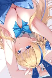  animal_ears armpits arms_up blonde_hair blue_archive blue_bow blue_bowtie blue_eyes blue_hairband blue_leotard blush bow bowtie breasts cleavage closed_mouth commentary detached_collar earrings fake_animal_ears female hairband highres jewelry kurogane_tekki large_breasts leotard long_hair looking_at_viewer lying official_alternate_costume on_back playboy_bunny presenting_armpit rabbit_ears solo strapless strapless_leotard stud_earrings toki_(blue_archive) toki_(bunny)_(blue_archive) upper_body upside-down 