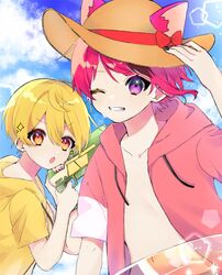  2boys animal_ears blonde_hair dog_boy dog_ears extra_ears hat hosizora_(sparetime) looking_at_another looking_at_viewer male_focus multiple_boys nail_polish one_eye_closed protected_link purple_eyes red_hair rinu_(stpri) root_(stpri) straw_hat strawberry_prince swimsuit topless_male utaite water_gun yellow_eyes 