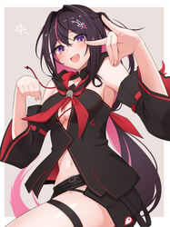  absurdres azki_(hololive) black_hair black_hoodie black_shorts blush bow breasts cleavage colored_inner_hair commentary_request cosplay detached_sleeves female fox_shadow_puppet hair_between_eyes hair_ornament hairbow hairclip highres hololive hood hoodie kurokami_fubuki kurokami_fubuki_(cosplay) leg_up long_hair looking_at_viewer micon midriff multicolored_hair navel neckerchief open_mouth pentagram pink_hair purple_eyes red_bow red_neckerchief shirakami_fubuki shirakami_fubuki_(1st_costume) short_shorts shorts sidelocks simple_background small_breasts solo thigh_strap virtual_youtuber white_background 