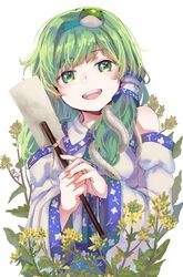  :d artist_name bare_shoulders blue_hairband commentary detached_sleeves female fingernails floral_background flower frog_hair_ornament gohei green_eyes green_hair hair_ornament hair_tubes hairband holding holding_stick kochiya_sanae looking_at_viewer matsukuzu open_mouth own_hands_together rapeseed_blossoms shirt sidelocks simple_background smile snake_hair_ornament solo stick teeth touhou upper_body upper_teeth_only white_background white_shirt wide_sleeves yellow_flower 