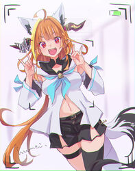  ahoge alternate_breast_size animal_ears black_shorts black_thighhighs blonde_hair breasts cosplay detached_sleeves dragon_girl dragon_horns dragon_tail fake_animal_ears fake_tail female fox_ears fox_shadow_puppet fox_tail hololive hood hoodie horns kiryu_coco kyou_fumei long_hair medium_breasts multicolored_hair navel open_mouth orange_hair pointy_ears red_eyes shirakami_fubuki shirakami_fubuki_(1st_costume) shirakami_fubuki_(cosplay) shorts single_thighhigh smile streaked_hair tail teeth thigh_strap thighhighs upper_teeth_only virtual_youtuber white_hoodie white_sleeves 