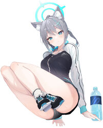  animal_ear_fluff animal_ears black_buruma black_jacket blue_archive blue_eyes blush bottle breasts buruma cross_hair_ornament extra_ears female grey_hair hair_ornament halo highres jacket long_sleeves looking_at_viewer medium_breasts medium_hair shiroko_(blue_archive) shoes sidelocks sneakers solo track_jacket vane_(vane0) water_bottle white_sleeves wolf_ears 