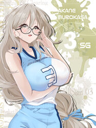  absurdres akane_(blue_archive) alternate_costume bad_id bad_twitter_id bare_shoulders basketball_jersey basketball_uniform black-framed_eyewear blue_archive blue_ribbon blush breasts brown_eyes character_name clothes_writing collarbone commentary cowboy_shot female glasses hair_between_eyes hair_ribbon highres large_breasts light_brown_hair long_hair looking_at_viewer numbered open_mouth ribbon smile solo splatter_background sportswear teeth upper_teeth_only yoru0409 