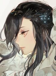  1boy bad_id bad_pixiv_id black_hair brown_eyes cape commentary crossdressing from_side fur_cape hair_ornament hair_over_one_eye kuzuvine long_hair male_focus natsuki_subaru natsumi_schwarz portrait re:zero_kara_hajimeru_isekai_seikatsu solo wig 