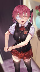  :d absurdres alternate_costume ascot black_ribbon black_thighhighs black_vest blurry blurry_background breasts collared_shirt commentary_request depth_of_field eyepatch female hair_between_eyes hair_ribbon highres hololive houshou_marine koubou_(cowbow_kun) long_hair looking_at_viewer medical_eyepatch medium_breasts open_mouth plaid plaid_skirt pleated_skirt red_ascot red_eyes red_hair red_skirt ribbon school_uniform shirt short_sleeves skirt smile solo standing thighhighs twintails vest virtual_youtuber wet wet_clothes white_shirt wringing_clothes wringing_skirt 