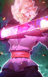  1boy bad_id bad_pixiv_id blurry blurry_background bodysuit cowboy_shot dragon_ball dragon_ball_super earrings embers evil_smile glowing glowing_sword glowing_weapon goku_black highres jewelry long_hair long_sleeves looking_at_viewer male_focus muscular muscular_male pants pink_hair potara_earrings simple_background single_earring skin_tight smile solo spiked_hair super_saiyan super_saiyan_rose supobi tight_clothes tongue tongue_out weapon 