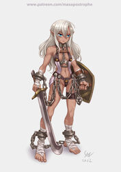  2022 ankle_cuffs bandages bare_shoulders battle_scarred blank_eyes blue_eyes bound bound_ankles bound_wrists chains chastity_belt chastity_bra cuffs elf fantasy female flowing_curved_sword full_body grey_hair hobble holding holding_shield holding_sword holding_weapon leather lettanya lock maxa&#039; navel original pointy_ears scar shackles shield slave solo stomach sword tan tattoo weapon white_background 