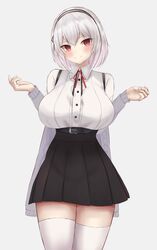  azur_lane belt black_belt black_skirt blush breasts cardigan cardigan_pull closed_mouth feet_out_of_frame female grey_cardigan hairband highres kdkaikai large_breasts looking_at_viewer neck_ribbon red_eyes red_ribbon ribbon shirt short_hair sirius_(azur_lane) skirt smile solo standing suspender_skirt suspenders thighhighs white_background white_hair white_shirt white_thighhighs 