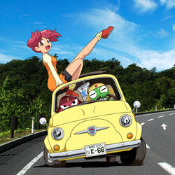  3boys :d anifamu brown_eyes car commentary_request dororo_(keroro_gunsou) dress drifting female fiat fiat_500 giroro hinata_natsumi keroro keroro_gunsou leg_up long_sleeves looking_at_viewer lupin_iii motor_vehicle multiple_boys orange_dress outdoors parody photo_background pink_hair raglan_sleeves road short_hair sitting smile star_(symbol) twintails vehicle_focus 