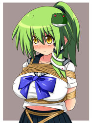  angry arms_behind_back black_skirt blue_bow bondage bondage bondage bound bow breasts closed_mouth collarbone collared_shirt female frog_hair_ornament frown green_hair grey_background hair_between_eyes hair_ornament honehone kochiya_sanae large_breasts long_hair pleated_skirt ponytail rope school_uniform serafuku shirt short_sleeves simple_background skirt snake solo standing touhou upper_body white_background white_shirt yellow_eyes 