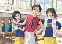  2girls 3boys basketball_court basketball_hoop basketball_uniform black_hair blue_eyes blunt_bangs blush brown_eyes brown_hair commentary_request grabbing_another&#039;s_ear grimace hand_on_another&#039;s_ear high_five highres hood hoodie indoors light_particles light_rays long_hair multiple_boys multiple_girls open_mouth original ponytail short_hair sky smile sports_drink sportswear taka_(tsmix) towel towel_around_neck tree window 