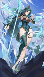  absurdres armpits bare_legs breasts china_dress chinese_clothes cleavage cleavage_cutout clothing_cutout covered_navel dress facial_mark female forehead_mark green_dress green_eyes green_hair green_thighhighs highres holding holding_sword holding_weapon large_breasts lazgear ling_han_(tower_of_fantasy) long_hair long_sleeves looking_at_viewer multiple_weapons no_panties outdoors parted_bangs pelvic_curtain shoes single_thighhigh solo standing sword thighhighs thighlet thighs tower_of_fantasy very_long_hair weapon 