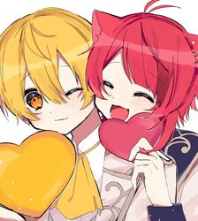  2boys animal_ears blonde_hair closed_eyes dog_boy dog_ears facing_viewer gloves heart highres hosizora_(sparetime) long_sleeves looking_at_another male_focus multiple_boys one_eye_closed protected_link red_hair rinu_(stpri) root_(stpri) short_hair simple_background strawberry_prince utaite white_background yellow_eyes 