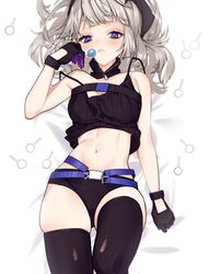  aa-12_(girls&#039;_frontline) bags_under_eyes bed_sheet black_camisole black_gloves black_shorts black_thighhighs blue_eyes buckle camisole candy female food girls&#039;_frontline gloves grey_hair holding holding_candy holding_food holding_lollipop lollipop looking_at_viewer lying midriff navel on_back short_hair short_shorts shorts skindentation snap-fit_buckle solo thighhighs uhhgaoh 