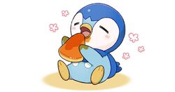  blush closed_eyes commentary_request eating food food_on_face happy holding no_humans official_art open_mouth pancake piplup pokemon pokemon_(creature) project_pochama sitting solo toes tongue white_background 