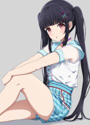  :o absurdres arm_on_knee bang_dream! black_hair blue_sailor_collar blue_shorts blunt_bangs blush buttons choker commentary cowboy_shot female frilled_shorts frills from_side grey_background hair_ornament hairclip high-waist_shorts highres knee_up long_hair looking_at_viewer looking_to_the_side noshimurin nyubara_reona outstretched_arms parted_lips pink_eyes plaid plaid_shorts purple_choker sailor_collar sailor_shirt see-through see-through_sleeves shadow shirt shirt_tucked_in short_sleeves shorts sidelocks simple_background sitting solo very_long_hair white_shirt x_hair_ornament 