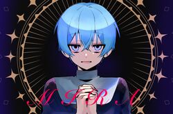  1boy black_background blue_background blue_eyes blue_hair colon_(stpri) highres hosizora_(sparetime) light_rays looking_at_viewer male_focus mira_(cevio) multicolored_background open_mouth own_hands_together praying protected_link short_hair smile solo strawberry_prince utaite 