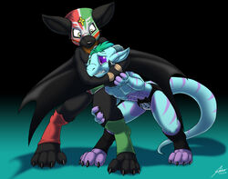  anthro bat batsy catmonkshiro clothing duo jockstrap kobold koizumi_kobold legwear male mammal mask shin_guards tights underwear wings wrestling 