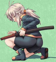  antenna_hair ass bike_shorts black_footwear black_jacket black_shorts black_socks brown_hair closed_eyes commentary_request female from_side full_body green_background highres holding holding_sheath jacket katana koshirae_tsurugi_(m.m) long_hair long_sleeves low_ponytail m.m on_one_knee original ponytail profile sheath sheathed shoe_soles shoes shorts sidelocks sleeves_past_wrists socks solo sword track_jacket weapon 