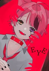  1boy animal_ears choker dog_boy dog_ears extra_ears heart heart-shaped_pupils heterochromia highres hosizora_(sparetime) looking_at_viewer looking_up male_focus nail_polish protected_link purple_eyes red_background red_hair rinu_(stpri) short_hair smile solo strawberry_prince symbol-shaped_pupils utaite yellow_eyes 