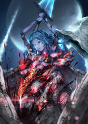  blood blue_eyes blue_hair blue_skin breasts colored_skin cracked_skin doll_joints dress elden_ring extra_arms extra_faces female greatsword hat highres holding holding_sword holding_weapon joints knife long_hair looking_at_viewer moon moonlight_greatsword night one_eye_closed ranni_the_witch rod_(wayfirecmo19) smile solo sword torn_clothes two_fingers_(elden_ring) weapon white_dress witch_hat 