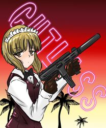  absurdres bartender black_bow black_bowtie black_gloves blonde_hair blunt_bangs bob_cut bow bowtie brown_vest character_name closed_mouth cutlass_(girls_und_panzer) dress_shirt female from_side frown girls_und_panzer gloves gun half-closed_eyes handkerchief highres holding holding_gun holding_weapon long_sleeves looking_at_viewer maid_headdress moesenyukikaze shirt short_hair solo spectre_m4 standing submachine_gun suppressor text_background vest weapon white_shirt wing_collar yellow_eyes 