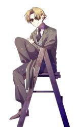  1boy blonde_hair closed_mouth fate/grand_order fate_(series) fingers_together formal full_body highres koha-ace ladder long_sleeves looking_at_viewer male_focus maxwell&#039;s_demon_(fate) necktie on_ladder pants parted_bangs short_hair sitting smile solo suit sunglasses white_background zassou_(ukjpn) 