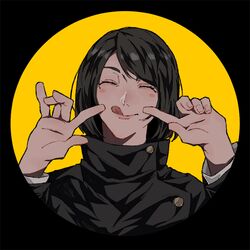  :q black_background black_hair black_jacket closed_eyes facing_viewer female hands_up high_collar highres ieiri_shoko jacket jujutsu_kaisen jujutsu_tech_uniform long_sleeves nashizato_(99) short_hair smile solo swept_bangs tongue tongue_out upper_body yellow_background 