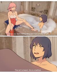  2girls bathroom bathtub breasts commentary english_commentary english_text eyebrows_hidden_by_hair flip-flops genshin_impact highres i&#039;m_not_at_the_beach_this_is_a_bathtub_(meme) kujou_sara lifeguard looking_at_another meme multiple_girls one_eye_closed parted_lips photo_background pink_hair sandals short_hair sitting soap_bubbles teeth teires_(teir3s) tongue upper_teeth_only yae_miko yellow_eyes yuri 