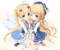  2girls :d ;o ahoge beret black_footwear blonde_hair blue_dress blue_eyes blue_headwear blush bobby_socks bow braid brown_background brown_footwear chinese_commentary collared_shirt commentary_request copyright_request detached_wings dress hairbow hand_up hat heart heart_hands heart_hands_duo kneehighs long_hair long_sleeves mary_janes multiple_girls one_eye_closed open_mouth outstretched_arm parted_lips puffy_long_sleeves puffy_sleeves shirt shoes sleeveless sleeveless_dress sleeves_past_wrists smile socks striped twintails vertical_stripes very_long_hair virtual_youtuber white_bow white_legwear white_shirt white_wings wings yuxian_youka 