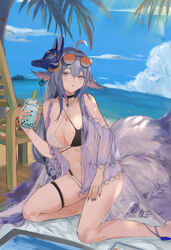  absurdres ahoge animal_ears azur_lane bare_legs bare_shoulders beach beach_chair beach_mat bikini black_bikini black_choker blue_sky breasts bubble_tea choker clothing_cutout cloud commentary_request criss-cross_halter cup day disposable_cup drinking_straw eyewear_on_head feet_out_of_frame female fox_ears fox_mask fox_tail hair_between_eyes halterneck hand_up highres holding holding_cup kneeling large_breasts long_hair long_sleeves looking_at_viewer mangosuchin mask mask_on_head multicolored_bikini multicolored_clothes multiple_tails nail_polish navel official_alternate_costume outdoors palm_tree parted_lips purple_eyes purple_hair see-through shoulder_cutout sky solo stomach sunglasses swimsuit tail thick_eyebrows thigh_strap thighs tosa_(azur_lane) tosa_(hometown_zest)_(azur_lane) tree water white_bikini 