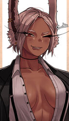  abs alternate_hairstyle animal_ears black_jacket blush boku_no_hero_academia breasts breasts_apart buckle buttons collarbone collared_shirt commentary dark-skinned_female dark_skin ear_piercing eyelashes female grey_hair gud0c highres jacket looking_at_viewer mirko no_bra one_eye_closed open_clothes open_shirt piercing rabbit_ears rabbit_girl red_eyes shirt slit_pupils smile solo symbol-only_commentary tongue tongue_out wing_collar 