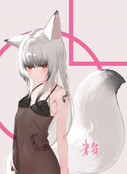  :3 absurdres animal_ears bad_id bad_pixiv_id black_dress black_hair breasts chun&#039;ai_zhanshen_milili closed_mouth collarbone dress female fox_ears fox_girl fox_tail grey_hair highres looking_at_viewer multicolored_hair navel original red_eyes see-through see-through_dress shoulder_tattoo slit_pupils small_breasts solo stomach_tattoo streaked_hair tail tattoo upper_body 