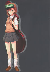  absurdres brown_eyes brown_hair female full_body hair_ornament hairclip head-mounted_display highres hyuuga_azuri leg_warmers misaka_imouto paint.net_(medium) school_uniform short_hair skirt socks solo toaru_majutsu_no_index tokiwadai_school_uniform 