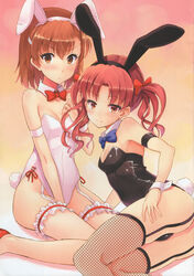  2girls :3 absurdres animal_ears ass bare_shoulders black_legwear black_leotard blue_bow blush bow breasts brown_eyes brown_hair cleavage fake_animal_ears fishnet_thighhighs fishnets frilled_legwear garter_straps hairbow highres hyuuga_azuri legs leotard looking_at_viewer lying misaka_mikoto multiple_girls on_side open_mouth paint.net_(medium) parted_bangs playboy_bunny rabbit_ears rabbit_tail red_bow red_footwear red_hair shirai_kuroko short_hair sitting small_breasts smile tail thighhighs thighs toaru_kagaku_no_railgun toaru_majutsu_no_index twintails wariza wavy_hair white_legwear white_leotard wrist_cuffs 