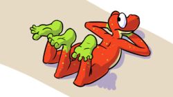  16:9 2020 3_legs 4_toes amphibian anthro big_eyes feet frog green_body green_feet green_skin hexadoodle looking_back lying male multi_limb multicolored_body mutation on_front red_body red_skin simple_background snout soles solo toes wide_hips widescreen 