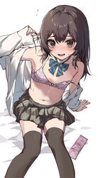  1boy androgynous black_thighhighs bow bowtie bra breasts brown_eyes brown_hair commentary_request condom condom_packet_strip condom_wrapper hair_between_eyes hair_ornament hairclip long_hair male_focus navel original otoko_no_ko pleated_skirt simple_background skirt thighhighs underwear white_background yoruhachi 