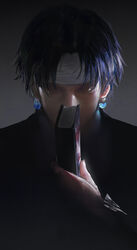  1boy bandaged_head bandages between_fingers black_hair black_shirt blue_hair book chrollo_lucilfer close-up closed_eyes covering_own_mouth curtained_hair dark earrings eyelashes gradient_background headband highres holding holding_book hunter_x_hunter jacket jewelry jiam009 long_sleeves looking_at_viewer male_focus multicolored_hair nen_(hunter_x_hunter) parted_bangs photoshop_(medium) portrait realistic shirt short_hair simple_background solo two-tone_hair upper_body 